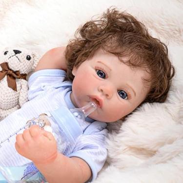 Imagem de Bebê Reborn Menino Corpo de Silicone Boneca Reborn Realista Olhos Azuis Pode dar Banho 48cm (Menino Listras Azuis) com Certidão de Nascimento, Mamadeira, Chupeta, Fralda