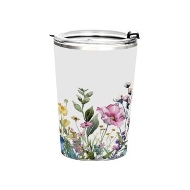 Imagem de Blueangle Copo de 340 g com tampa e canudo, copo de café com água isolada a vácuo de aço inoxidável, caneca de viagem de jardim de verão em aquarela copo térmico para bebidas quentes e frias (930)