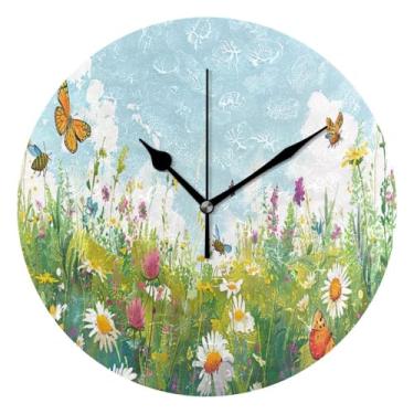 Imagem de BOESI Relógio de parede com padrão de flor e borboleta, relógio de parede redondo silencioso, 25 cm, decoração de casa, para sala de estar, cozinha, quarto
