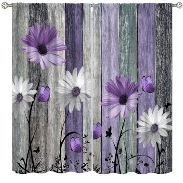 Imagem de wlsgdsg Cortinas blecaute de margaridas roxas para cozinha, fundo de prancha rústica retrô flor roxa borboleta país celeiro tratamento de janela impressão para quarto de meninas sala de estar 107 x
