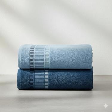 Imagem de Kit Toalha de Banho 2 Pçs 99% Algodão 340 g/m2 130cm x 62cm Hipoalergênica - Barra Decoratica, Luxo, Toque Macio e alta absorção - Azul