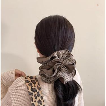 Imagem de Suporte de rabo de cavalo extragrande de cetim com estampa de leopardo com 4 camadas (marrom claro)