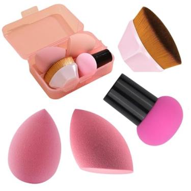 Imagem de Kit Esponjas e Pincel para Maquiagem Profissional com Estojo – 1 Pincel Hexagonal, 1 Esponja Cogumelo, 2 Esponjas Gota 3D – Aplicação de Base, Corretivo, Contorno, Pó, Blush e Iluminador