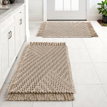 Imagem de H.VERSAILTEX Tapete de banheiro waffle super absorvente boho tapete de banho antiderrapante para banheiro lavável na máquina tapetes de banheiro rápido com borlas (50 x 81 mais 43 x 61 cm, creme