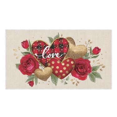 Imagem de VISSTREE Tapete de porta de Dia dos Namorados, tapete antiderrapante vermelho com rosas de coração de amor, tapete lavável de boas-vindas para aniversário dos namorados, decoração de casa de entrada
