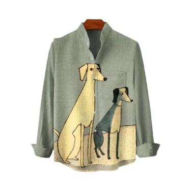 Imagem de Camisa De Linho Masculina Com Estampa Retrô De Gatinho Manga Longa Pri