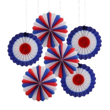 Imagem de Fun Express Ventiladores de papel pendurados patrióticos vermelhos, brancos e azuis de 40,6 cm de diâmetro - 6 peças
