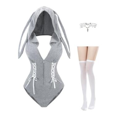 Imagem de CR ROLECOS Fantasia de coelho para mulheres adultas, fato de coelhinho cinza, roupa de cosplay com capuz, Cinza, GG