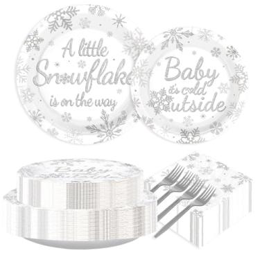 Imagem de Conjunto de utensílios de mesa com 200 peças de pratos de floco de neve e guardanapos brancos prateados com flocos de neve A Little Snowflake is On the Way para chá de bebê de inverno, suprimentos de