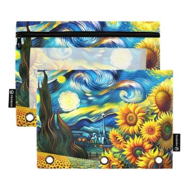 Imagem de Pasta de lápis com 3 anéis, pintura de girassóis noturnos estrelados com zíper, bolsa para lápis, caneta, fichário, rosa, transparente, estojo para canetas, floral, escolar, 25 x 18 cm, 2 pacotes