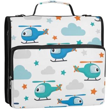 Imagem de 3 fichários de 3 anéis, anel D de 3,5 cm, helicópteros, branco, com zíper, bolsa escolar com alça de ombro, portfólio engraçado e estojo para pasta de anel, 34,5 x 31,5 x 8,9 cm