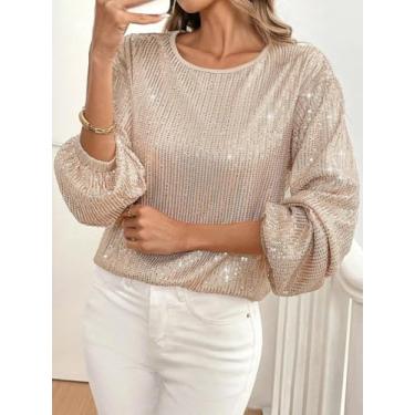 Imagem de Blusa feminina de manga comprida de lantejoulas bege - blusa de festa brilhante com manga bufante, Bege, Large