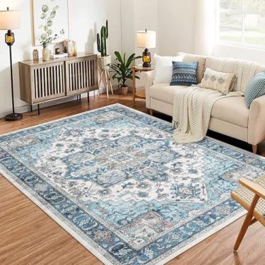 Imagem de Tapetes de área de 22 x 30,5 cm, tapete vintage lavável, antiderrapante, com forro de borracha, tapetes para sala de estar, tapetes vintage para quarto e sala de jantar (cinza azul).