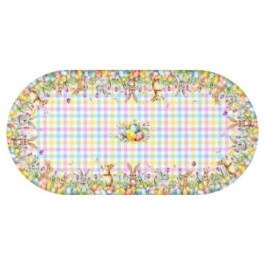 Imagem de Kuyuayee Toalha de mesa oval coelhinho da Páscoa, 152 x 300 cm, impermeável, com ovos de coelho, toalha de mesa lavável para primavera, Páscoa, piquenique, jantar, decoração de casa