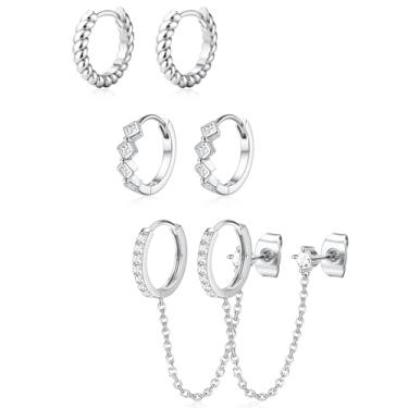 Imagem de ZELORES 3 pares de brincos de argola banhados a ouro 14K para mulheres, conjunto de brincos de argola com pingente de corrente moderna, cartilagem de hélice, brincos para vários piercings, Cobre