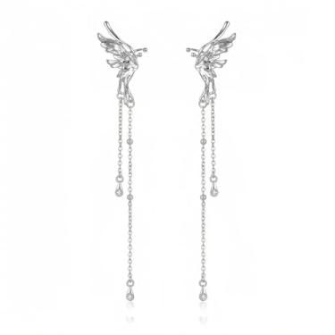 Imagem de ADAIER Pingente de corrente prateada para mulheres, brincos de borboleta com borla, design para orelhas não perfuradas, brincos de cartilagem com clipe para orelhas não perfuradas, brinco de