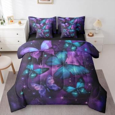 Imagem de Erosebridal Conjunto de edredom feminino com borboleta, roxo, azul, tamanho queen, 7 peças, cama romântica galáxia, ombré, em uma bolsa, para adultos, para adultos