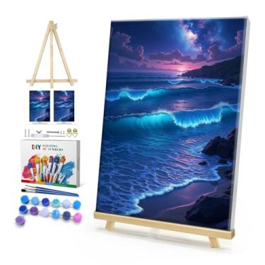 Imagem de HeeBenor Kit de pintura emoldurada por números para adultos, pintura de praia por número com cavalete, kit de pintura a óleo de paisagem de praia faça você mesmo, kits de pintura por números para