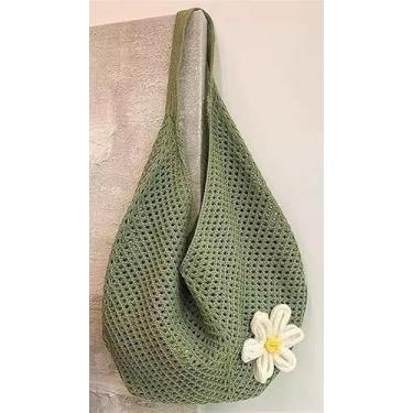 Imagem de Bolsa feminina de crochê, malha de malha, para férias, design vazado, respirável, Verde