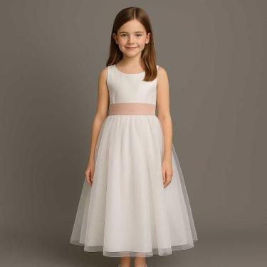 Imagem de Vestido Infantil Longo Branco Faixa ROSA PESSEGO NUDE REF4072 - Só Mar