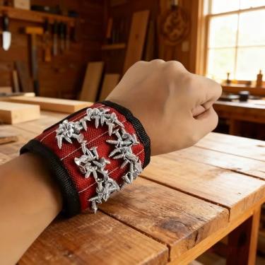 Imagem de Pulseira magnética para ferramentas, pulseira magnética, para pai, marido, faz-tudo ou mulher prática, pulseira de ferramentas ajustável (vermelha)