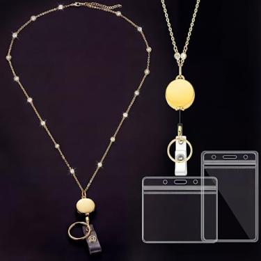 Imagem de Fiwochic 1 cordão para crachás de identificação, colar com 2 peças, corrente de strass moderna, colar de cordão de aço inoxidável, retrátil, fofo, dourado, crachá para mulheres, professoras e escolas