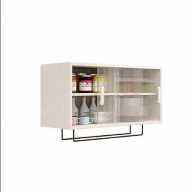 Imagem de Armário de parede de madeira maciça com portas de vidro temperado - Armazenamento versátil para cozinha, banheiro, sala de jantar e quarto - Design simples, armário lateral elegante para organização