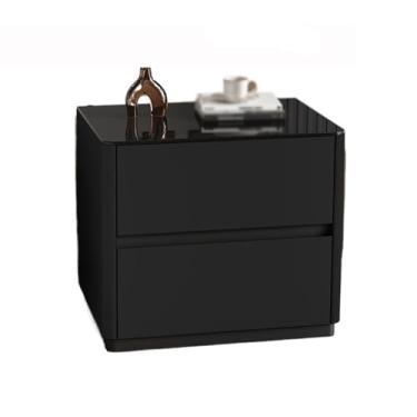 Imagem de Mesa lateral mesa de cabeceira de madeira quarto armazenamento de cabeceira doméstica gaveta dupla armário de vidro prateleira de armazenamento preta (XS)