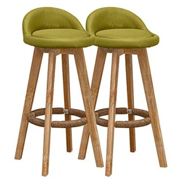 Imagem de Conjunto de 2 bancos de bar de madeira - Bancos de bar com encosto baixo com moldura de madeira e apoio para os pés para cozinha, pub, cafeteria - cadeiras de bar de café da manhã