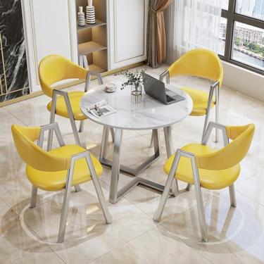 Imagem de Conjunto de mesa de negociação para sala de conferências, mesa redonda de recepção de escritório e conjunto de cadeira de sala de estar, mesa redonda de ardósia PU/algodão e linho conjunto de 5 peças