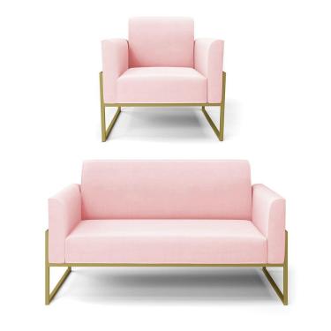 Imagem de Sofá Namoradeira Com Poltrona Base Industrial Alta Dourado Marisa Suede Rosa Bebê D03 - D\'rossi