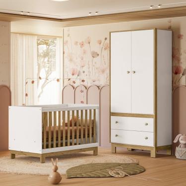 Imagem de Quarto de Bebê com Berço Mini Cama Slim e Guarda Roupa Flora Branco Freijó Qmovi
