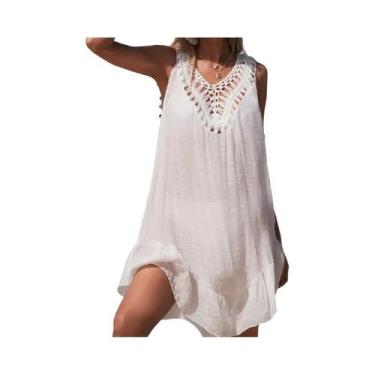 Imagem de Vestido Curto Feminino De Crochê Vazado Com Decote V E Costas Abertas 