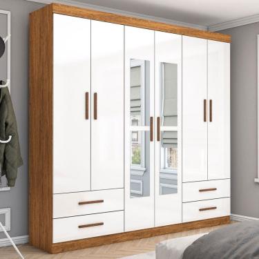 Imagem de Guarda-Roupa Casal Mondo 6 Portas 4 Gavetas com Espelho Cinamomo/Branco - Pnr Móveis