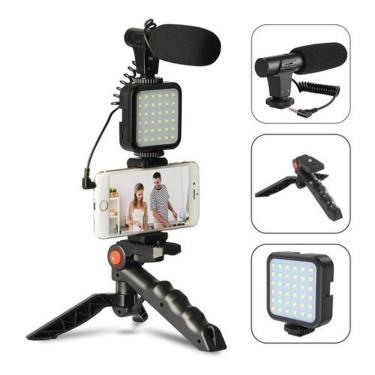 Imagem de Kit de Fotografia OEM Luz de Vídeo com Microfone de Lapela Tripé Dobrável e Suporte para Celular Versão sem Bluetooth