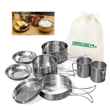 Imagem de Kit de Panelas para Camping Kit Panelas Inox 8 Peças com 2 Pratos, 2 Copos, Frigideira e Panela Grande Inox Yeet