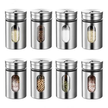 Imagem de Porta Temperos Condimento Vidro Inox Organizador Kit 8 com Tampa Giratória para Cozinha Inox Aquilae