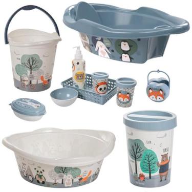 Imagem de Kit banheira de bebê plasutil 7 peças + kit higiene urso + bacia + lix
