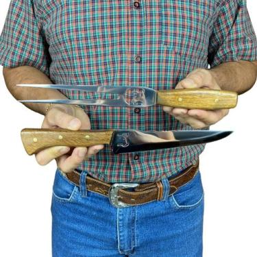 Imagem de Kit churrasco inox artesanal boi de aço faca + garfo + bainha de couro