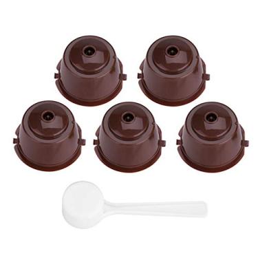 Imagem de filtro de cápsula,Filtro de café recarregável, filtro de cápsula de café reutilizável reutilizável de aço inoxidável 5 peças de grau alimentício pp 304 com colher para máquinas(brown)