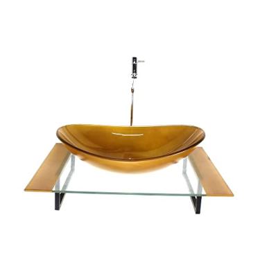 Imagem de KIT CUBA DE VIDRO OVAL COM TAMPO 60CM DOURADO REAL E SUPORTE PRETO