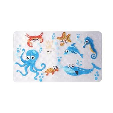 Imagem de SHENGANG Tapete de banheira de PVC antiderrapante bonito peixe animal com otário tapete de banho infantil tapete de banho almofada de massagem macia, polvo retangular, 38x69 cm