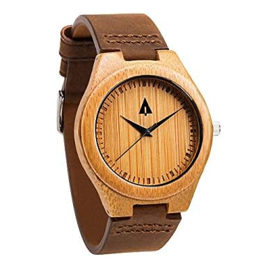 Imagem de Treehut Relógio de pulso masculino de madeira com pulseira de couro genuíno de quartzo analógico masculino elegante, Marrom natural 1, Relógio de quartzo