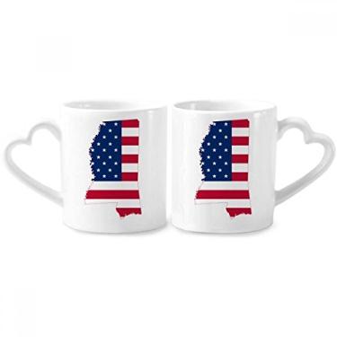 Imagem de Mississippi EUA Mapa Estrelas Listras Forma Bandeira Casal Caneca Porcelana Conjunto de Cerâmica Copo Amante Punho Coração