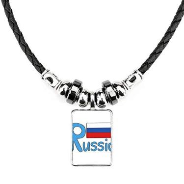 Imagem de DIYthinker Colar com bandeira nacional da Rússia com padrão azul, joia e pingente de corda de couro