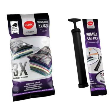 Imagem de Kit Saco Organizador a Vácuo 70cm x 110cm para Viagem e Guarda Roupa com Bomba de Sucção