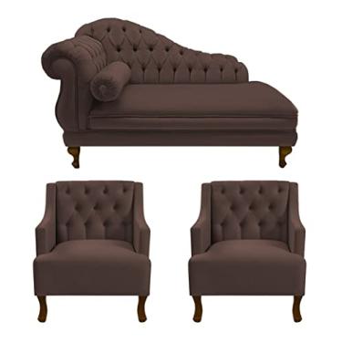 Imagem de Recamier Larissa 160 cm Direito de quem senta e 2 Poltronas Genesis Suede Marrom - LM DECOR