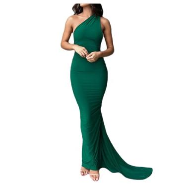 Imagem de Bestgift Vestido frente única plissado fino cor sólida sem mangas vestidos de um ombro, Verde, P