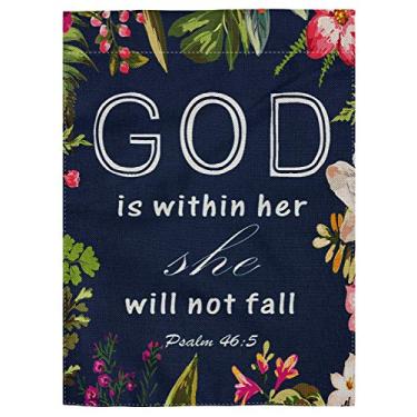 Imagem de Pingpi Christian Citações Bandeira de jardim de estopa de dois lados 32 cm x 45 cm, Versos da Bíblia Deus está dentro dela Ela não vai cair Salmo 46: 10