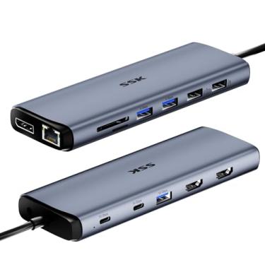 Imagem de SSK Base Thunderbolt 4 8K, estação de ancoragem para MacBook 3 monitores, hub USB C de 10 Gbps Dual HDMI, DisplayPort, Ethernet, 100W PD, microfone/áudio, portas USB C e A 3.2 geração 2